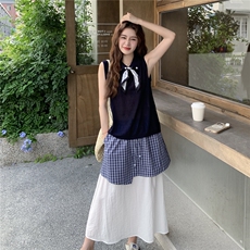 新款2025夏飘带针织衫+拼色格子半身裙套装6121-P165-K248，女装套装/套裙，2C057