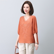 2023夏季纯苎麻刺绣简约气质宽松时尚休闲显瘦舒适上衣，女装衬衫，独衣靓