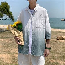 夏季吊染纯棉衬衫男宽松落肩七分袖衬衫男DS-C407-B1010-P40，男装衬衫，电商C323-1