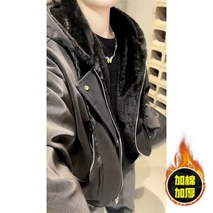 现货高品质美式高街重磅座山雕连帽pu皮棉衣男女加厚毛毛绒冬外套,男棉衣搭配的技巧图片