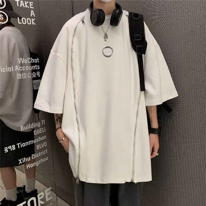 小众拉链设计感短袖t恤男女夏季宽松圆领半袖高级金属上衣~TX020,男装T恤,星座601-1
