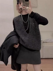 2025年秋季新款百搭女士亮片V领马甲，女装针织衫/毛衣，嘉日羊绒