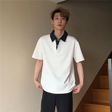 美式短袖polo衫男款高级感拼色衬衫领夏装t恤潮牌假两件宽松半袖，男装T恤，四季星座505