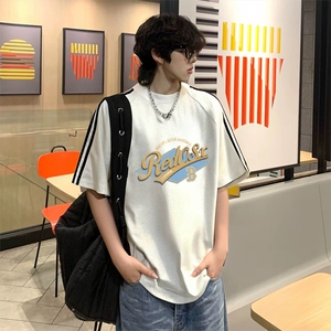 抖音得物高品质二开240克宽松纯棉美式潮牌三条杠织带短袖T恤图片