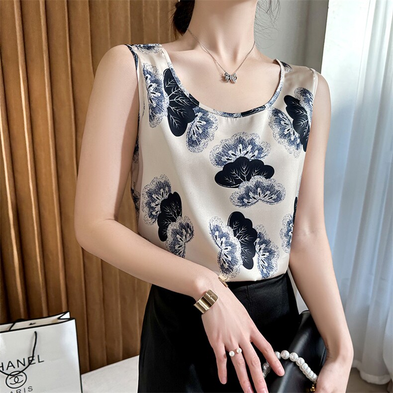 奢华重磅真丝印花小吊带背心女内搭春夏醋酸缎面料搭配西装衬衫穿,女装背心吊带,朝贺羊绒