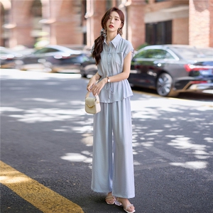 时尚套装女2025夏季新款韩系高级感气质减龄衬衫上衣阔腿裤两件套图片