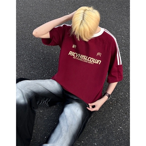夏季美式高街重磅纯棉三条杠织带撞色男女短袖T恤ZD651-特P30图片