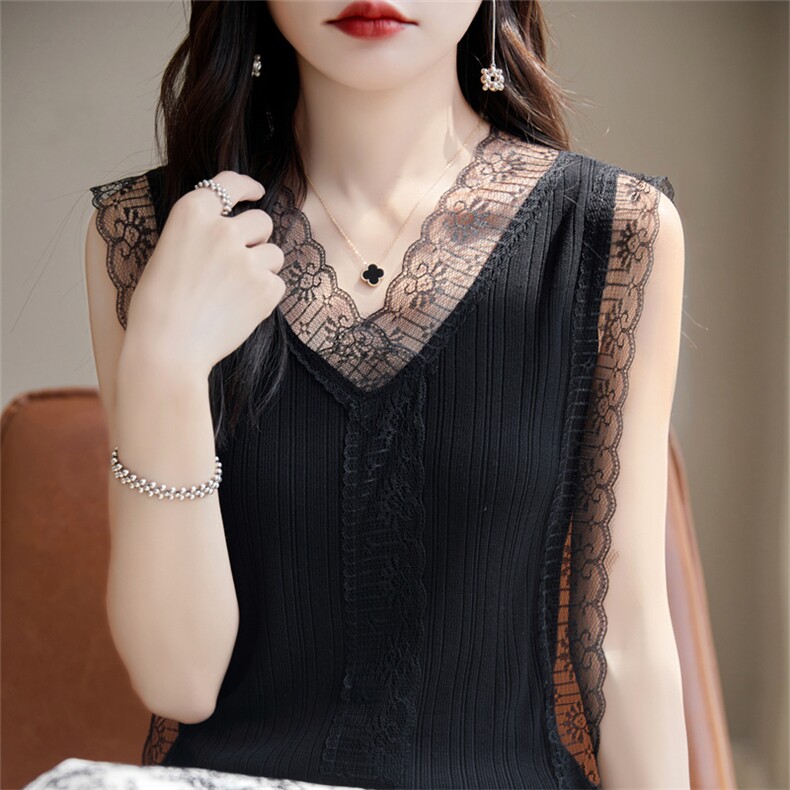 气质优雅蕾丝花边上衣拼接内搭冰丝背心显瘦修身无袖黑色V领吊带，女装背心吊带，暖姿羊绒