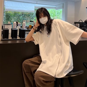 街头潮牌t恤男高街设计感小众拉链高级感短袖小领口金属半袖TX025图片