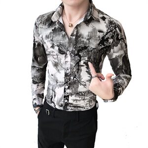 B302 CS64 2021春装新款 山水画衬衫 男士印花衬衣 店主风图片