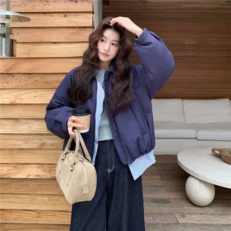 藏青色格子拼接假两件短款羽绒服女冬季2025新款设计感白鸭绒外套,女装羽绒服,慧尚依恋