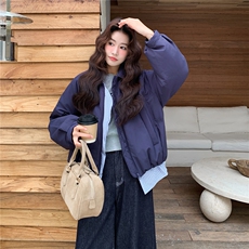 藏青色格子拼接假两件短款羽绒服女冬季2025新款设计感白鸭绒外套，女装羽绒服，慧尚依恋