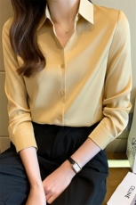 春季仿真丝醋酸缎面衬衫长袖设计感小众上衣职业衬衣，女装衬衫，美吧服饰