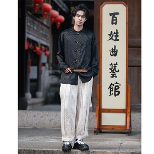 新中式缎面海水江崖（竹福）系列铜竹叶铜扣盘扣立领宽松长袖衬衫图片