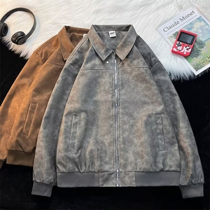 美式复古棕色翻领皮衣外套男女美拉德高级感麂皮绒情侣夹克-PY532图片