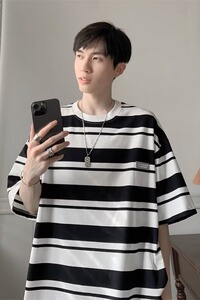 条纹撞色休闲短袖T恤潮流盐系男友风穿搭青少年学生夏装AT744-p32图片
