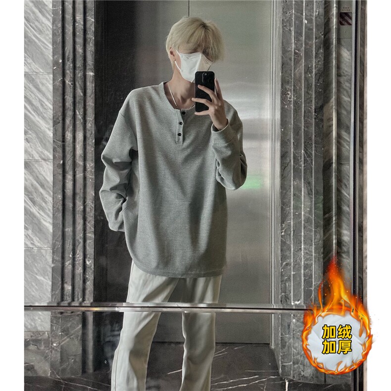 亨利领灰色卫衣男士春秋季美式复古慵懒风宽松内搭打底长袖t恤衫，男装T恤，电商A233-1