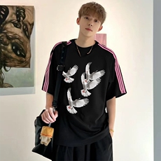 抖音得物品质二开240克宽松纯棉美式潮牌印花三条杠中性风短袖T恤，男装T恤，电商A486-1