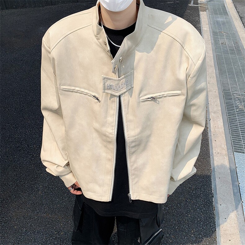美式复古做旧棕色机车服皮衣外套男春秋小众设计感短款垫肩夹克衫,男装夹克,星座505-2（原电商A260-1)