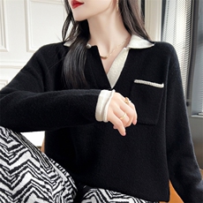 女士羊毛衫拼色polo领简约时尚保暖羊毛，女装羊毛衫，蒙莲贝斯
