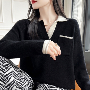 女士羊毛衫拼色polo领简约时尚保暖羊毛图片