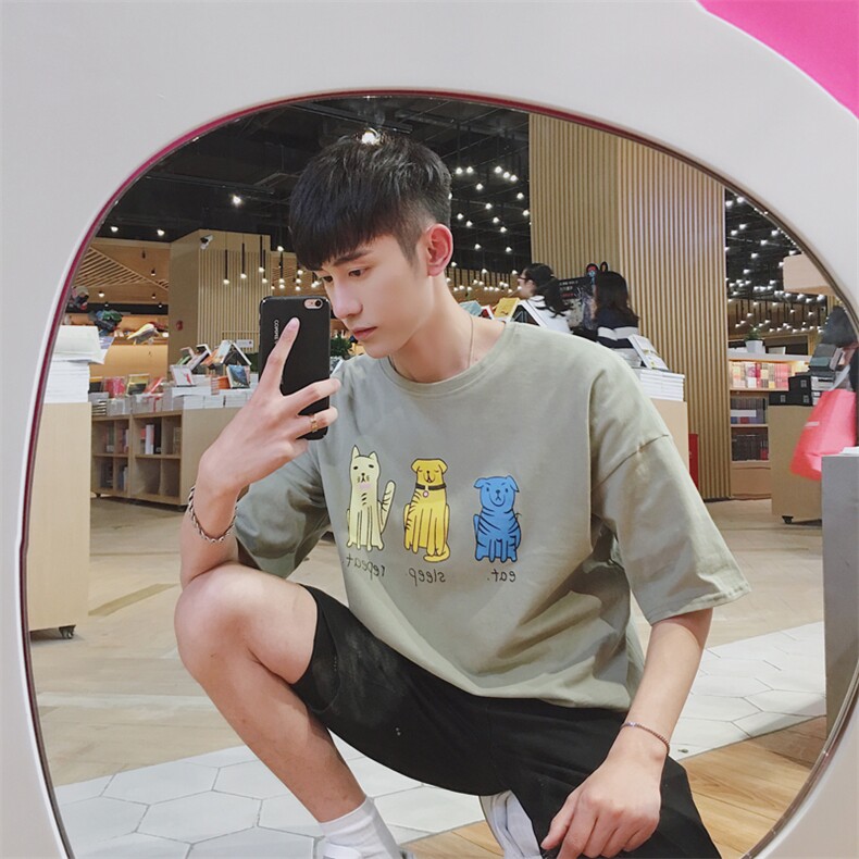 夏季韩版男装3只小狗卡通青少年圆领宽松短袖休闲t恤衫潮T,男装T恤,星座1013-2