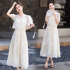 新中式风套装连衣裙女装2024新款春夏高级感刺绣盘扣两件套裙子，女装套装/套裙，宫村