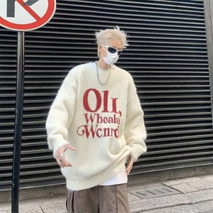软糯字母圆领毛衣男女秋冬宽松慵懒风套头针织衫水洗貂毛 M5615图片