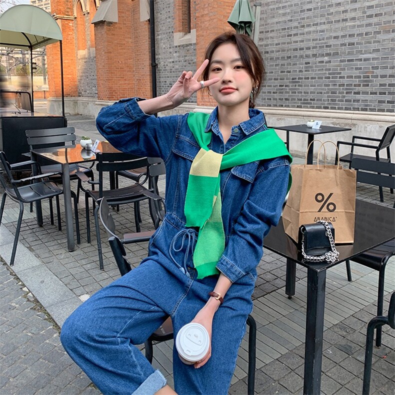 牛仔连体裤女2023春季新款宽松显瘦收腰阔腿裤连衣裤女（带披肩），女装连体裤，辉之琳