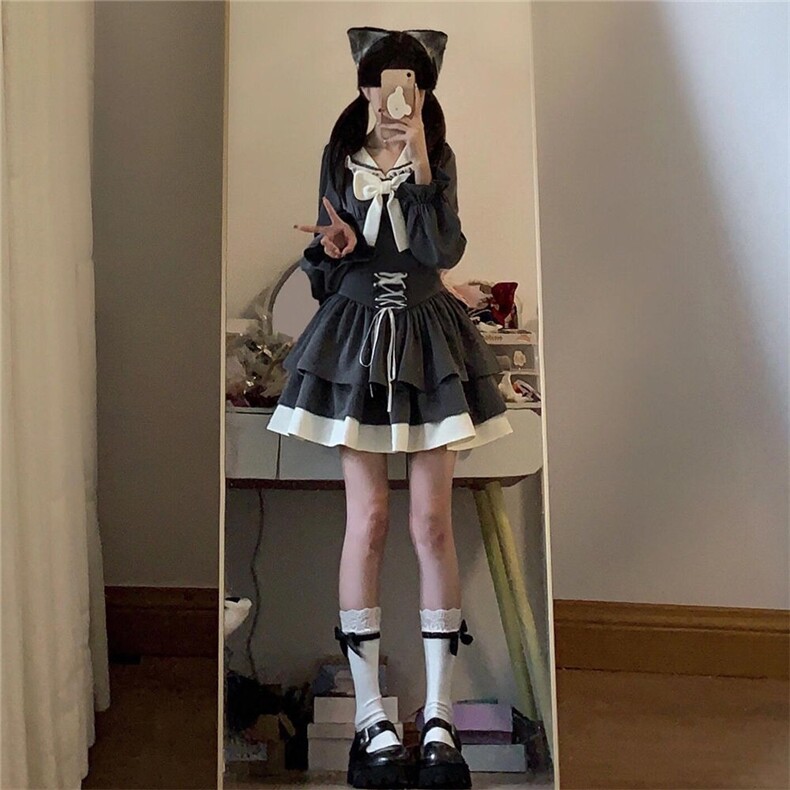 两件套装可爱学院风小个子海军领蝴蝶结上衣搭配绑带拼接半身短裙，女装套装/套裙，星座1210-1