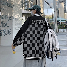 欧美格子棒球服外套男春秋潮牌ins街头宽松情侣休闲夹克JK40-p55，男装夹克，星座1008-1