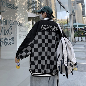 欧美格子棒球服外套男春秋潮牌ins街头宽松情侣休闲夹克JK40-p55图片