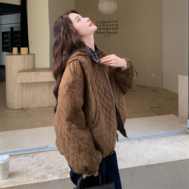 格纹拼接假两件菱格棉服外套女2025冬季新款美拉德复古宽松夹克潮,女装棉衣/棉服,浙宝217