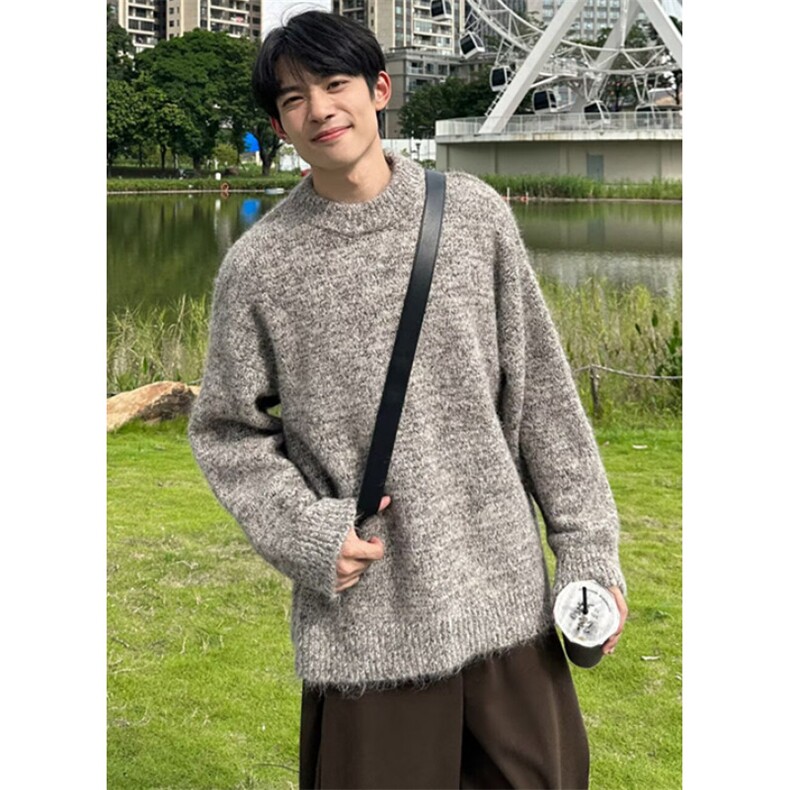 秋冬季新款加厚美式复古时尚提花宽松圆领套头针织毛衣男 M68图片