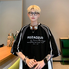 X5532-TP35控价58美式复古拼接撞色短袖男宽松百字母印花T恤，男装T恤，电商A102-1