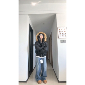 现货三防重磅硬挺boxy短款羽绒棉衣座山雕大毛毛领PU皮棉服外套冬图片