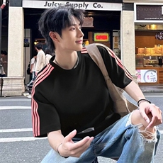 抖音得物品质二开240克宽松纯棉美式潮牌印花三条杠中性风短袖T恤，男装T恤，电商A486-1