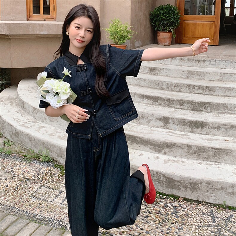 浅蓝色新中式国风牛仔套装初秋女2024新款炸街时尚阔腿裤两件套潮,女装套装/套裙,浙宝305