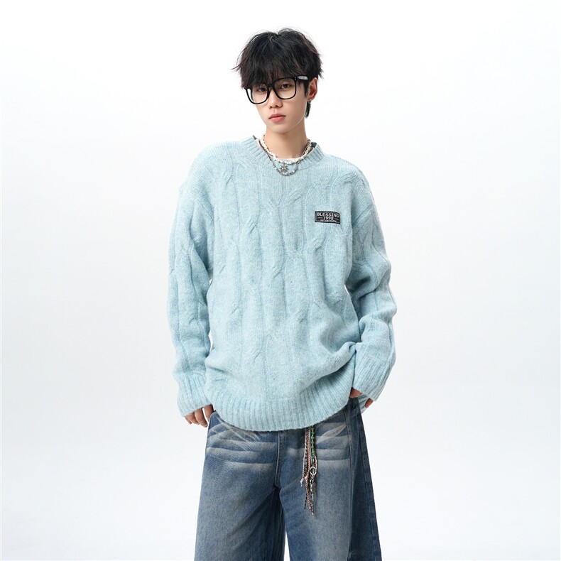 8XL-M圆领毛衣男秋冬慵懒风宽松情侣装麻花针织羊毛衫MY19004P68,男装针织衫/毛衣,电商B312