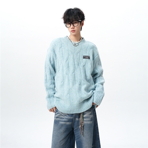8XL-M圆领毛衣男秋冬慵懒风宽松情侣装麻花针织羊毛衫MY19004P68图片