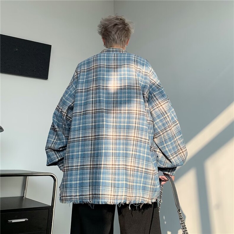 复古蓝色格子衬衫男女宽松慵懒风潮牌休闲百搭外套潮W1379/P54,男装衬衫,星座506