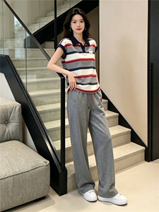 高级感时尚休闲运动套装女夏季新款POLO条纹短袖上衣阔腿裤两件套图片 高级感时尚休闲运动套装女夏季新款POLO条纹短袖上衣阔腿裤两件套图片