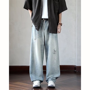 GN8113P50美式破洞水洗牛仔裤2025潮男日系刮烂宽松直筒休闲长裤图片