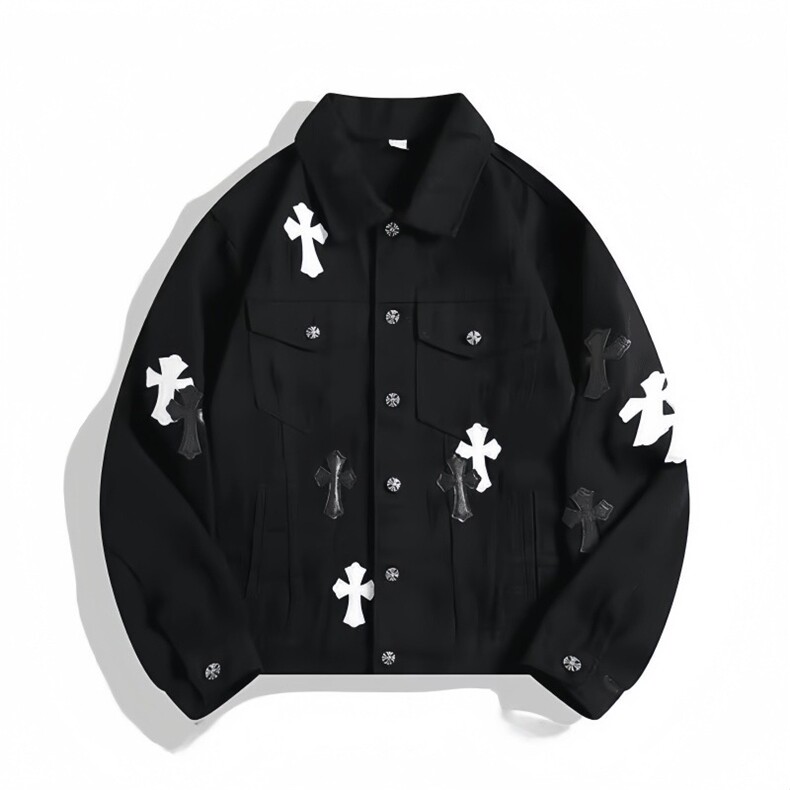 美式高街Vibe十字架复古翻领牛仔外套男欧美夹克情侣休闲工装潮牌，男装工装外套，星座813-2