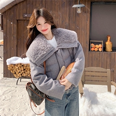 灰色羊羔毛大翻领派克羽绒服2025新款女冬复古洋气巨好看小香外套，女装羽绒服，慧尚2-185