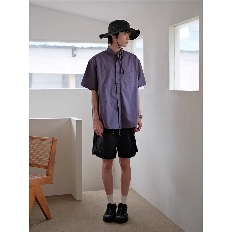 夏季新款口袋紫色工装短袖衬衫日系复古少年感文艺防晒宽松衬衣男,男装防晒衣,星座506A