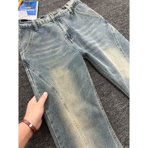美式斜切微喇牛仔裤百搭男款弯刀裤子水洗cleanfit直筒AMK631 P43图片