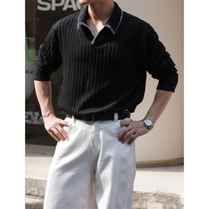 老钱风手缝线麦穗纹翻领纹理感长袖T恤男大码T24524-特P40控78图片