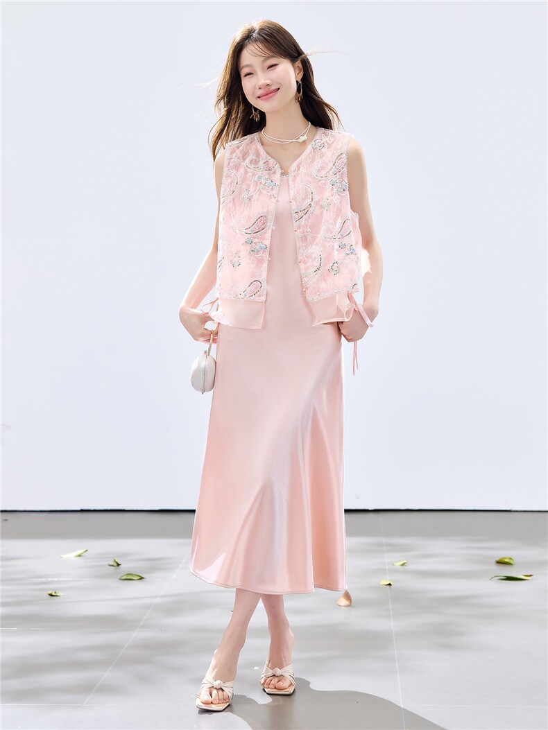 夏季新款现货！2026洋气时尚重工刺绣花马甲+珍珠吊带长裙套装女,女装套装/套裙,央宝儿