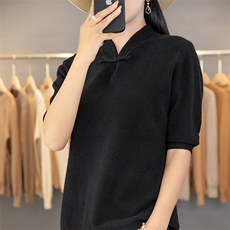 奢华重工羊毛短袖针织衫优雅显瘦设计时尚百搭单品，女装针织衫/毛衣，狄美羊绒